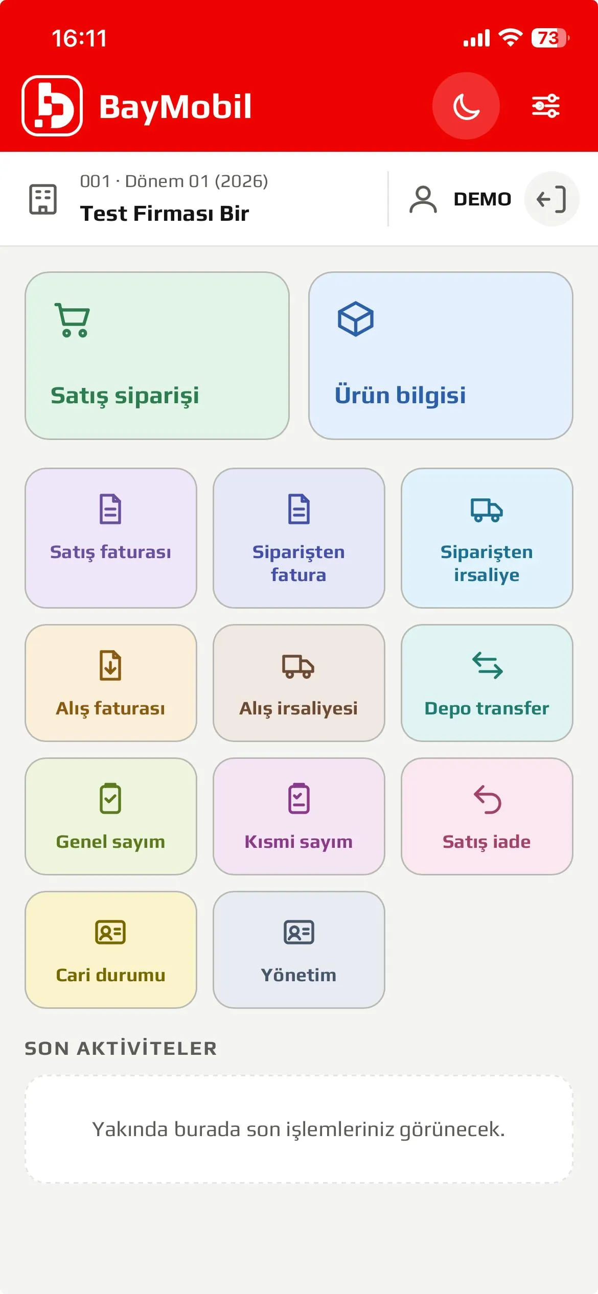 BayMobil ana menü: satış siparişi, ürün bilgisi, fatura, irsaliye, sayım ve cari işlemleri