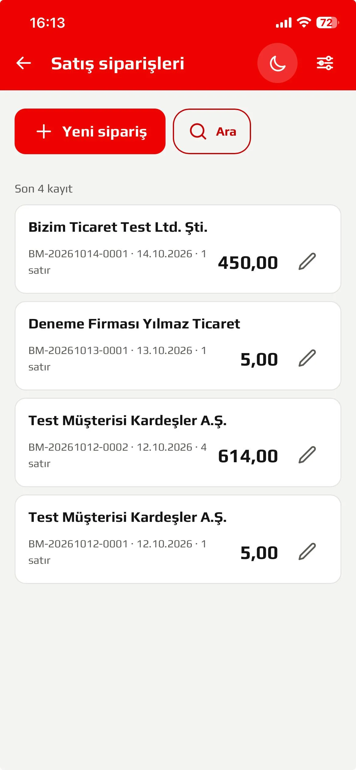 Satış siparişleri ekranı