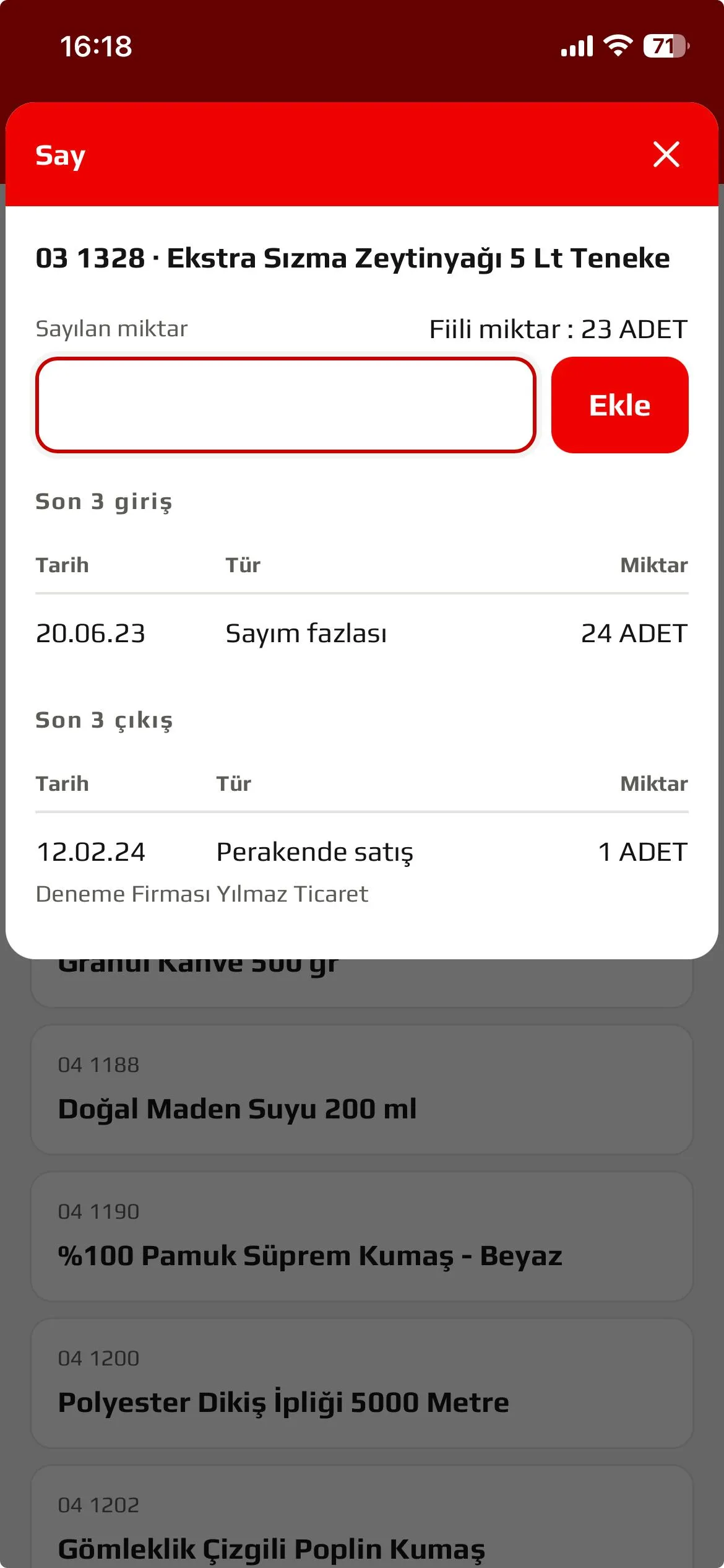 Stok sayımı ekranı